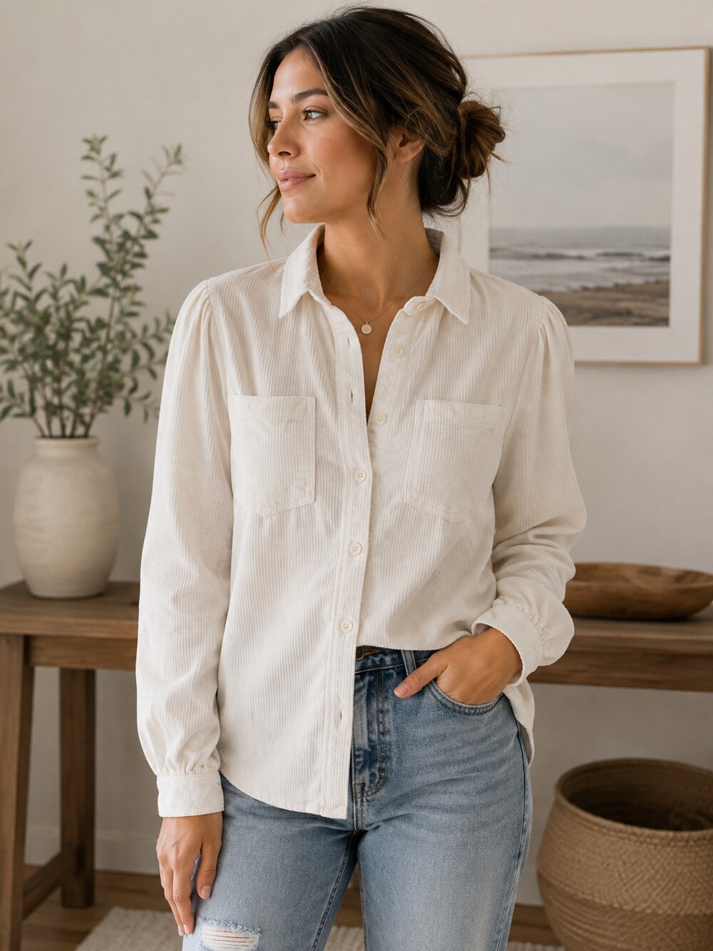 American Eagle Outfitters Corduroy Button-Up Shirt Beige Small